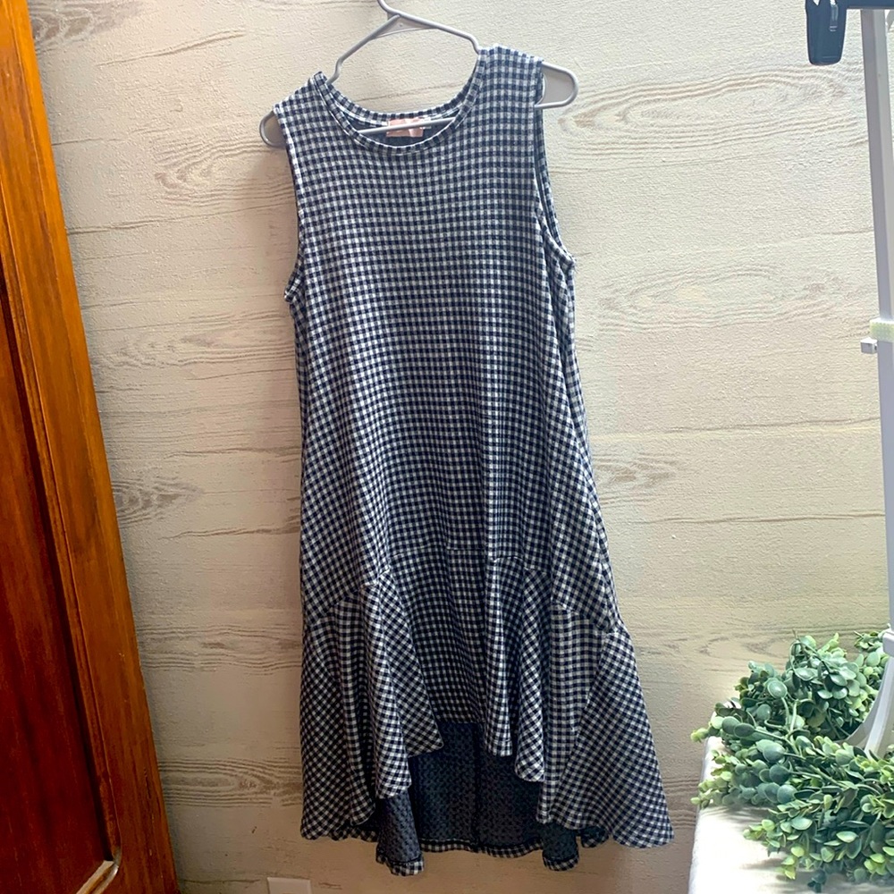 Farrow sleeveless hi low dress blue white check pockets size L